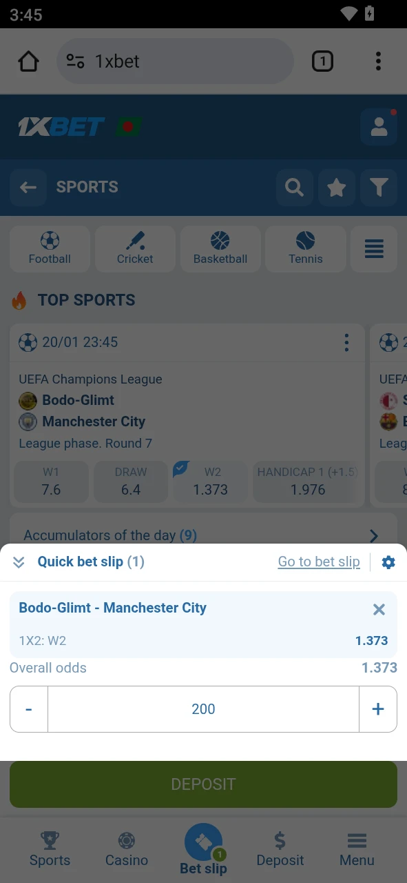 Enter your stake in BDT within the 1xBet android betting interface.