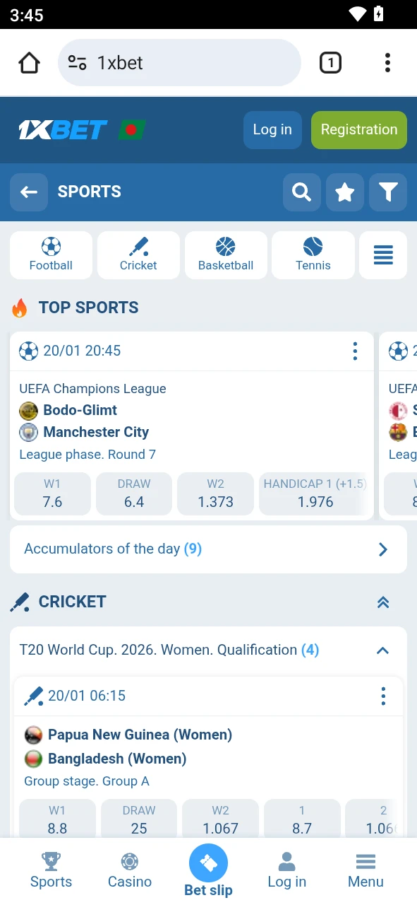 Open sports or live and pick a match on the 1xBet android app.