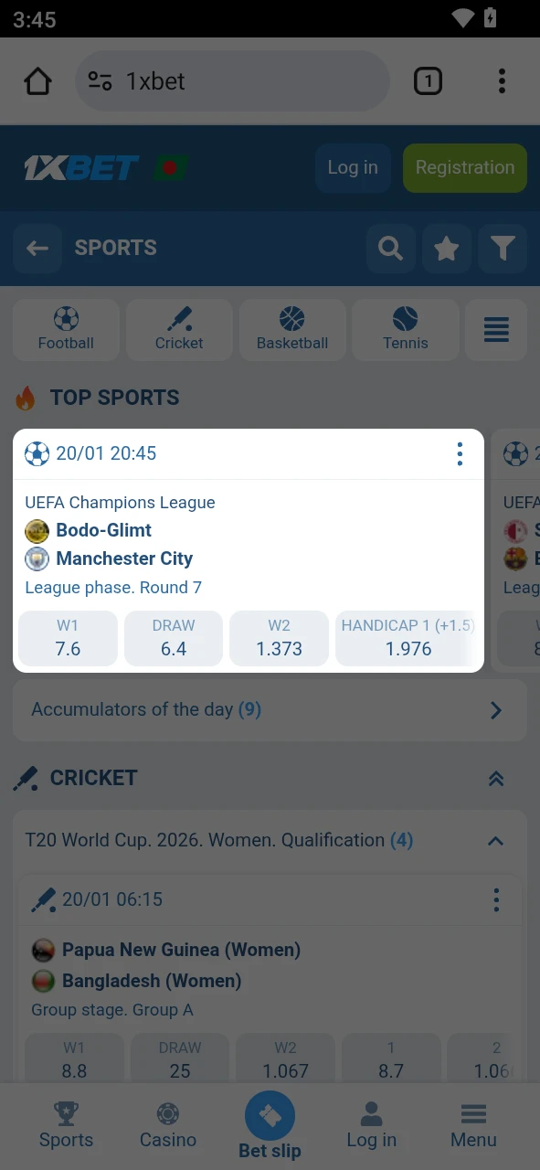 Tap the odds to add your selection to the 1xBet android slip.