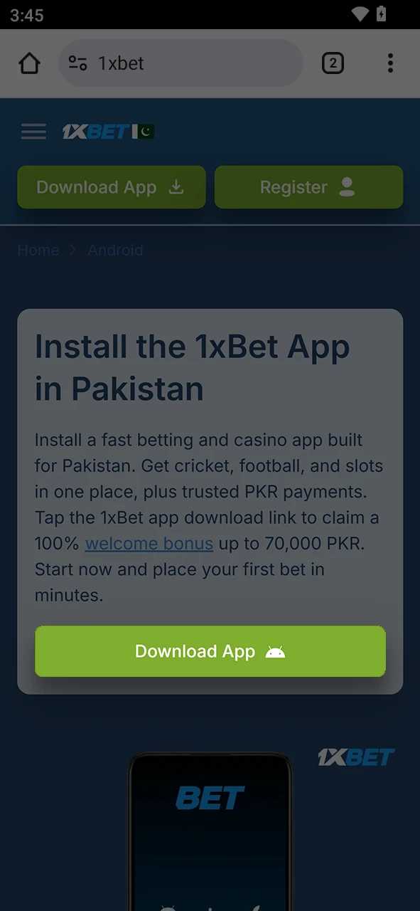 Use the official link to click the app button and access the 1xBet android setup.