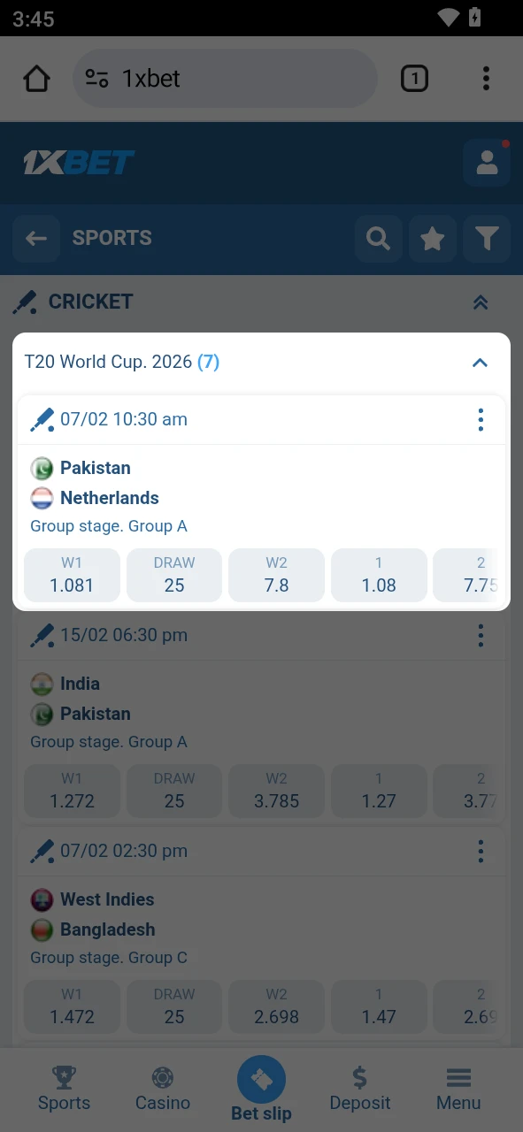 Choose your market and tap the odds to update your 1xBet android bet slip.