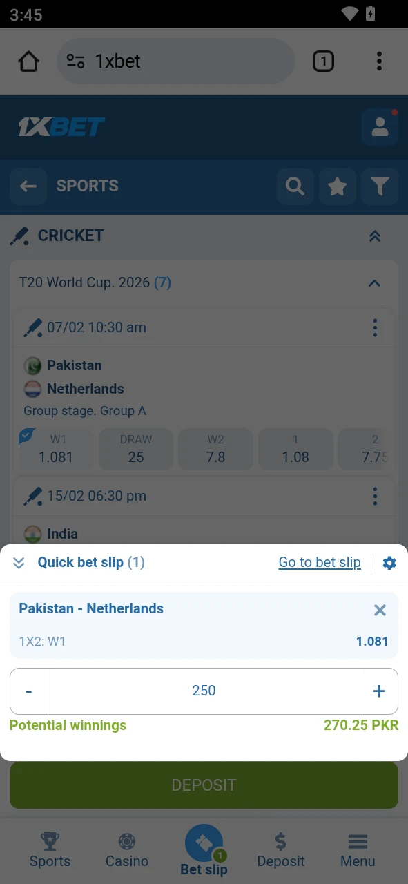 Enter your stake in PKR and check the payout on the 1xBet android platform.