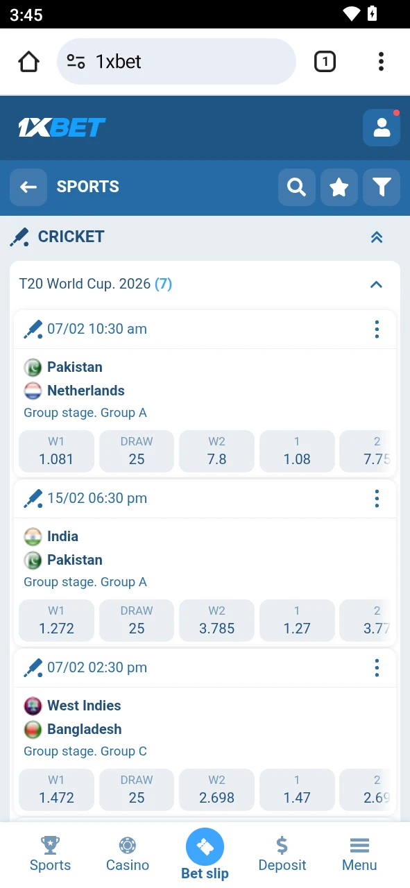Log in and select a match from sports or live on the 1xBet android app.