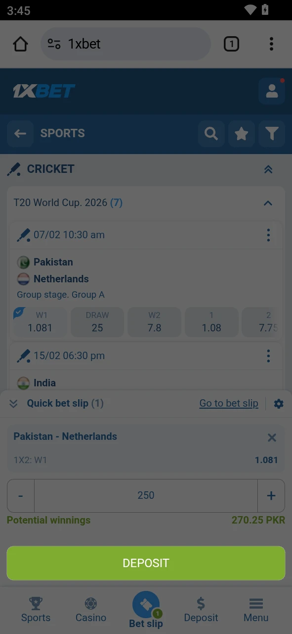 Tap place bet and track your wager status within the 1xBet android history.