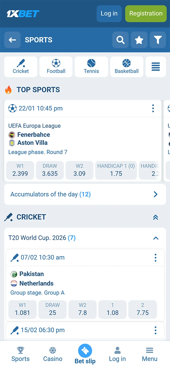 Browse extensive betting markets for all major sports on the 1xBet android app.