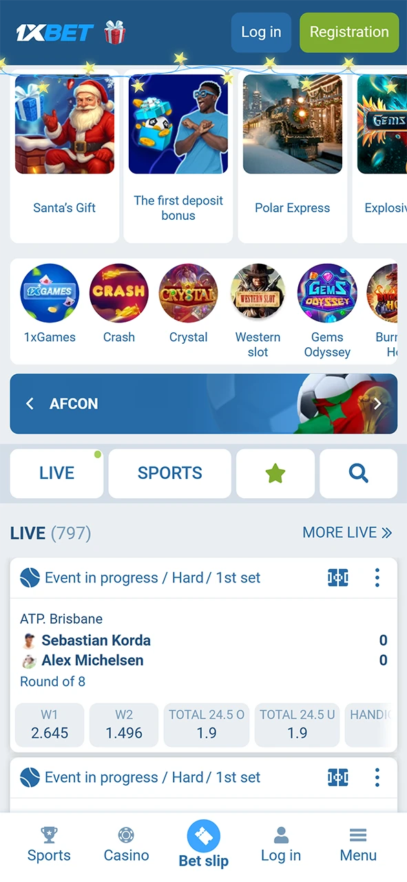 Navigate the main screen of the 1xBet Android app to explore its features.