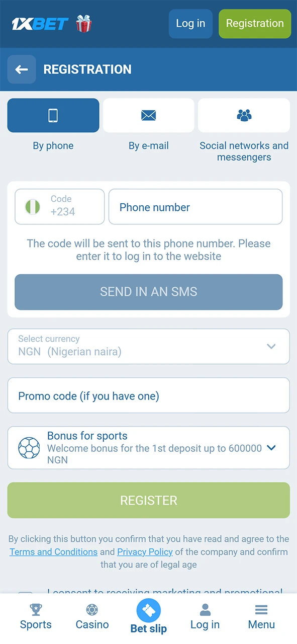 Open the 1xBet registration form on your Android device to create an account.