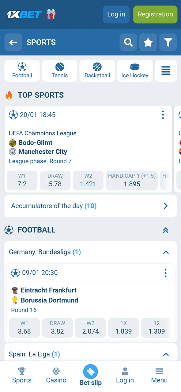 Browse various sports markets and place bets using the 1xBet Android app.