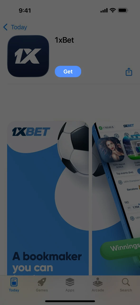 Tap get and authenticate your Apple ID for the 1xBet app.