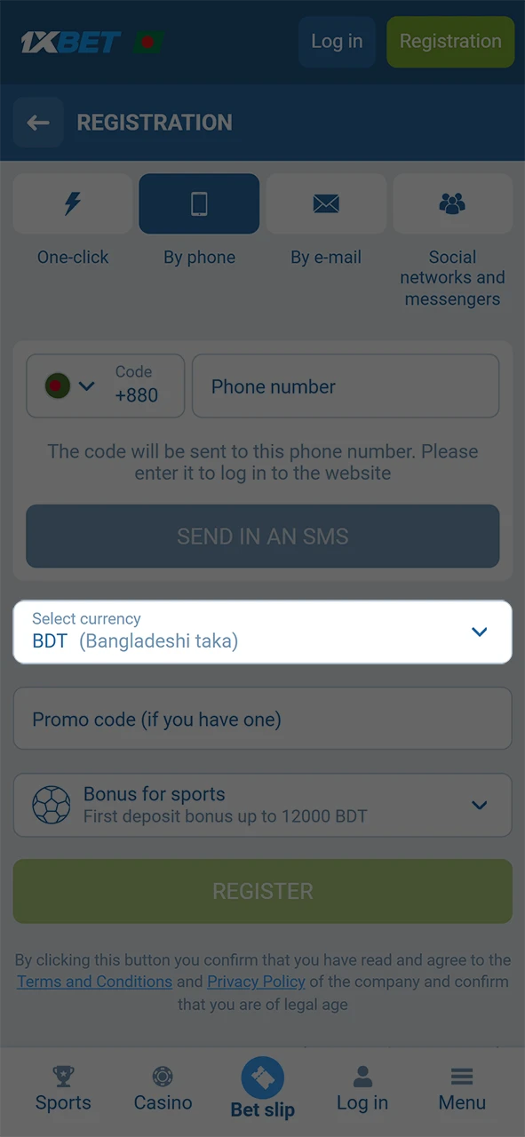 Enter your personal details and select Bangladesh as your country in the 1xBet app.