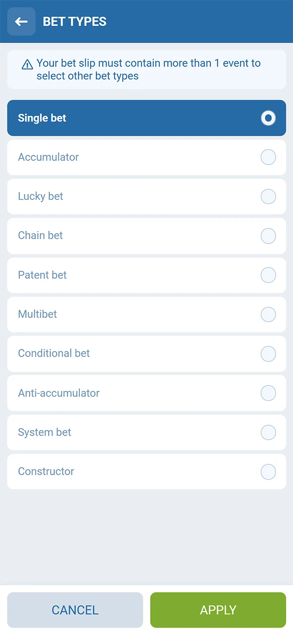 Confirm your Single, Accumulator, or System bet within the 1xBet app.