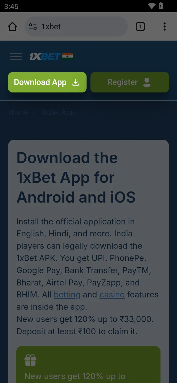 Start the 1xBet App Android installation by downloading the official file.