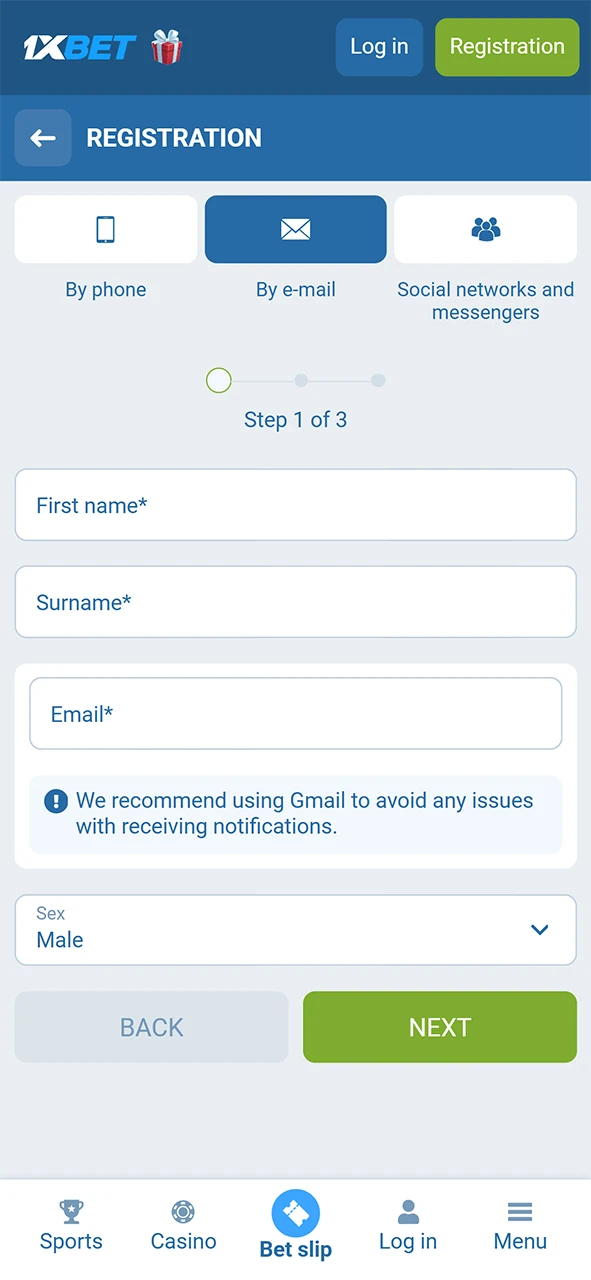 Provide your Nigeria details and NGN currency for your 1xBet App account.