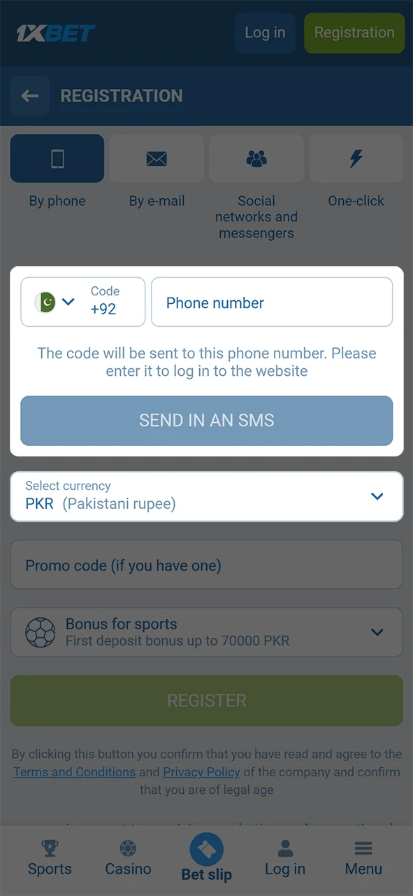 Enter your personal details and select Pakistan and PKR in the 1xBet app.