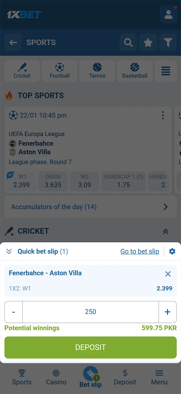 Enter your stake and confirm your wager through the 1xBet app.