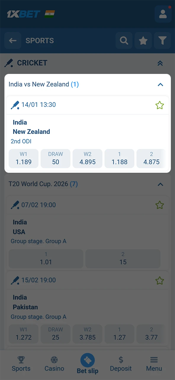 Browse the sports section to find a Betting event at 1xBet.