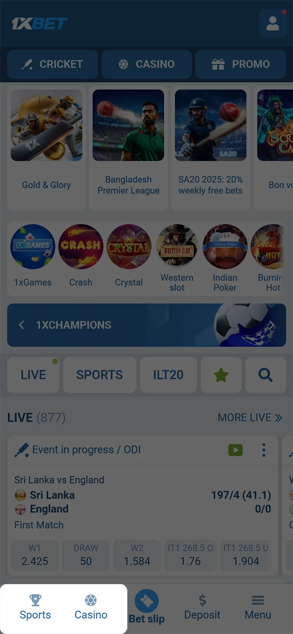 Pick a sport or casino game from the diverse 1xBet app lobby.
