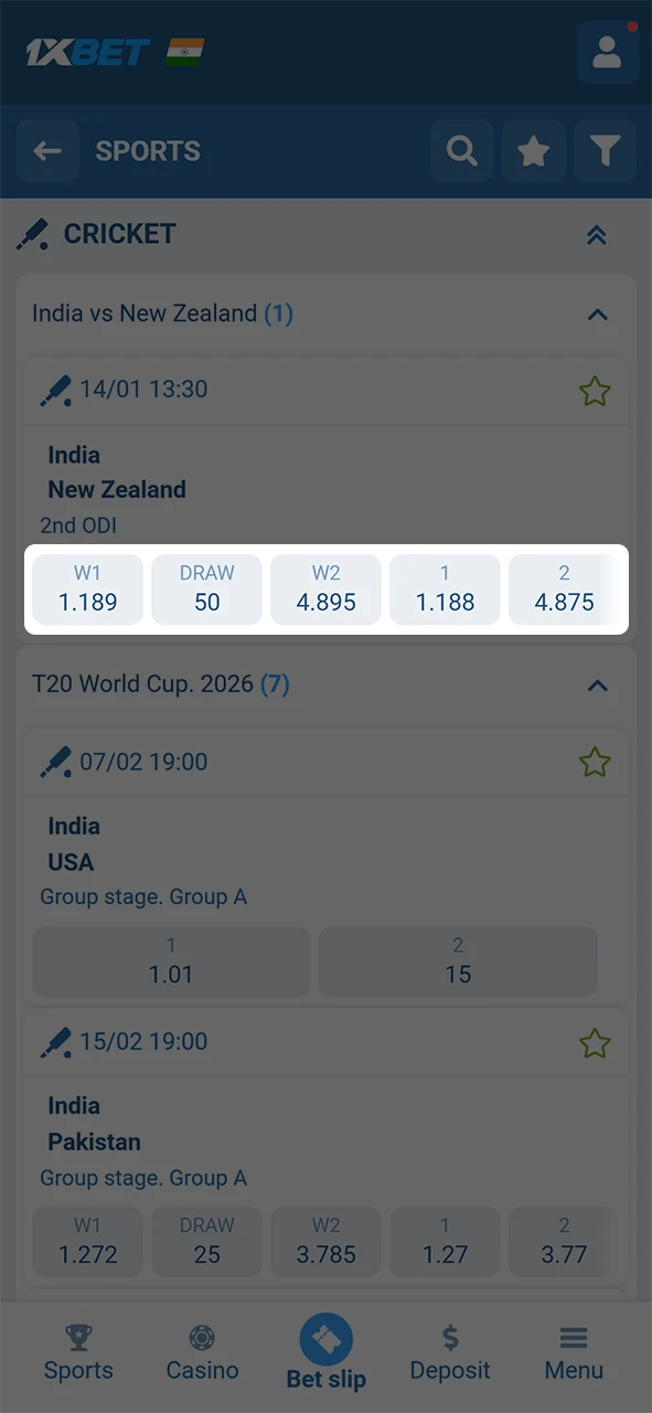 Select a specific market to add to your 1xBet App Betting slip.