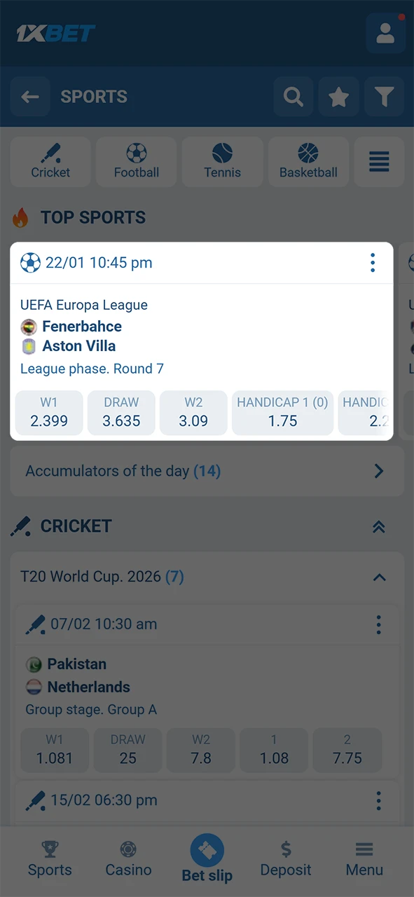 Tap the odds to instantly add your selection to the 1xBet app slip.