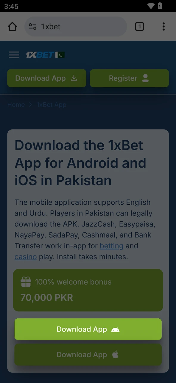 Use the button on this page to start the 1xBet android app APK download.