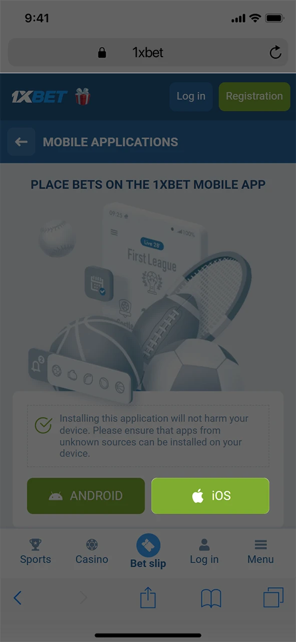 Initiate the 1xBet iOS installation process by clicking the setup button.
