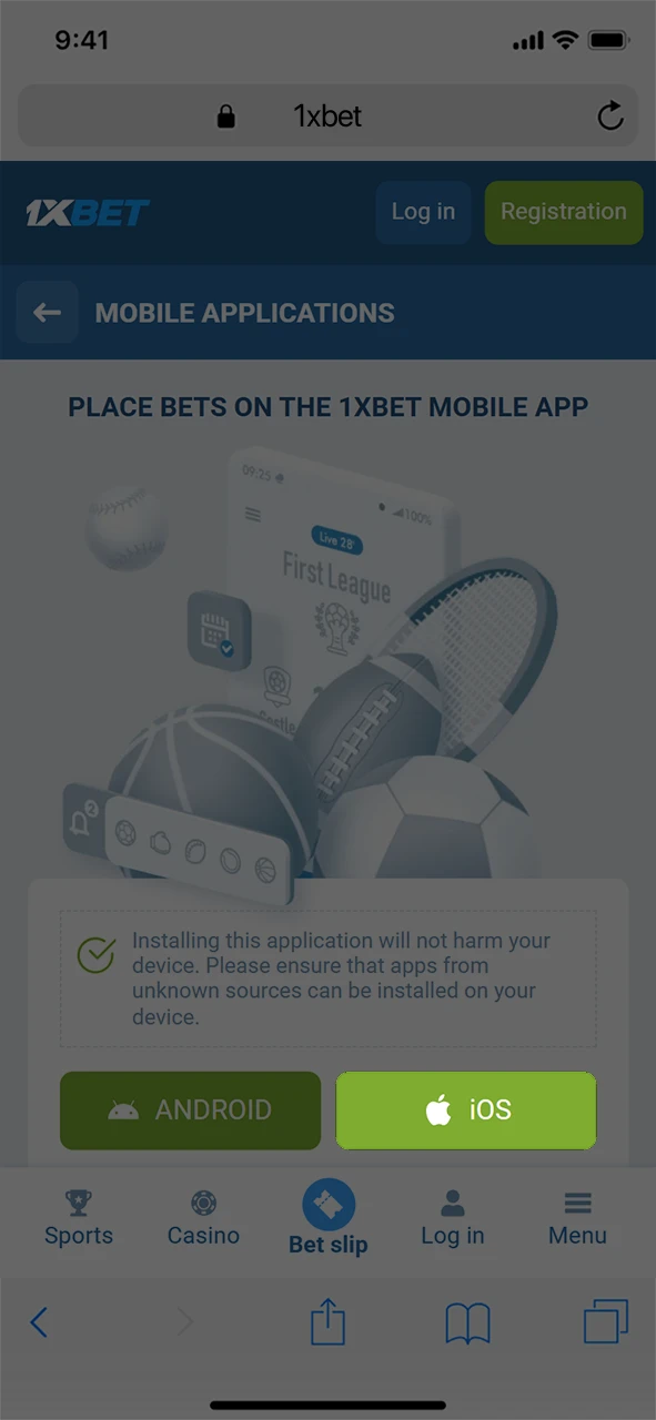 Tap the download button to start the 1xBet iOS app installation on your iPhone.