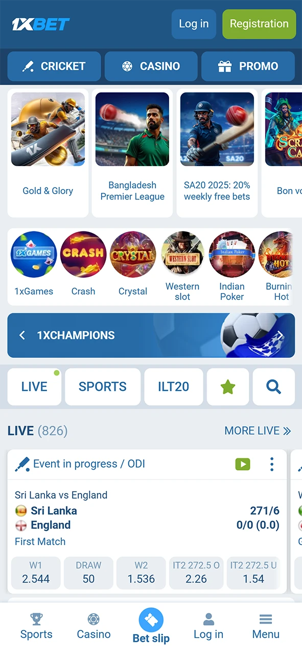 Navigate the main dashboard of the 1xBet iOS app to explore betting options in Pakistan.
