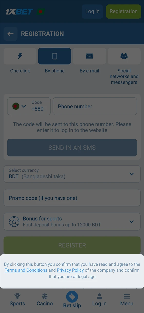 Accept the terms and privacy policy to complete 1xBet registration.