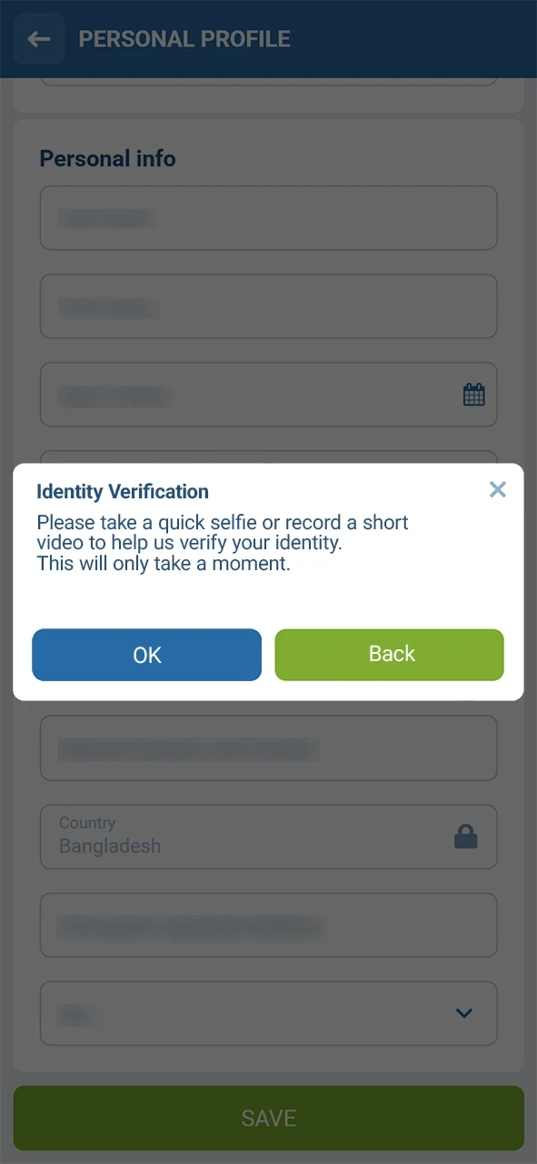 Provide a selfie or live check to complete 1xBet verification.