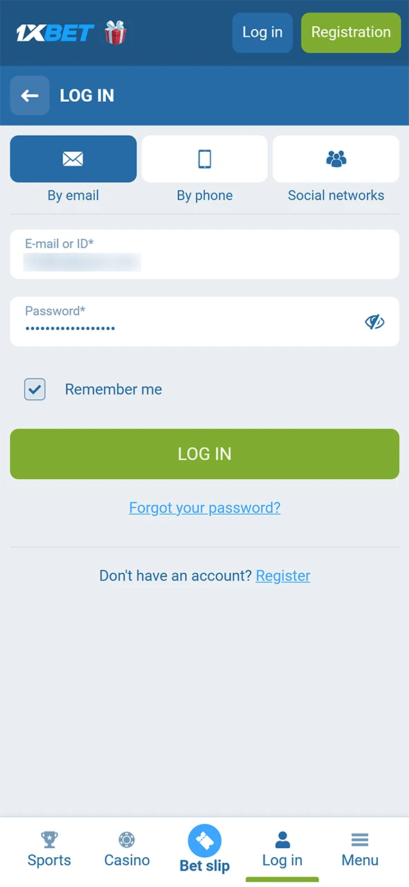 Sign in to your 1xBet profile and manage your personal bet slip or account details.