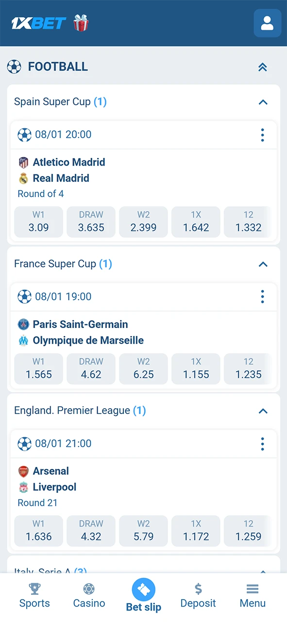 Select a sports event and click the odds to place a bet on 1xBet.