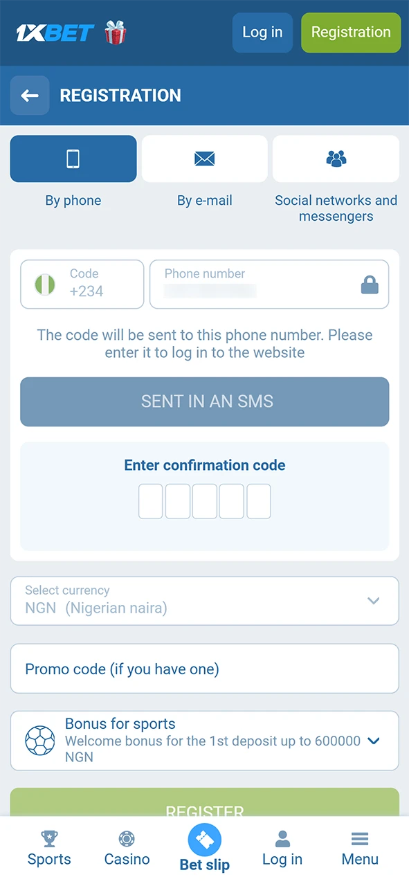 Verify your 1xBet profile via mobile code to complete the registration process.