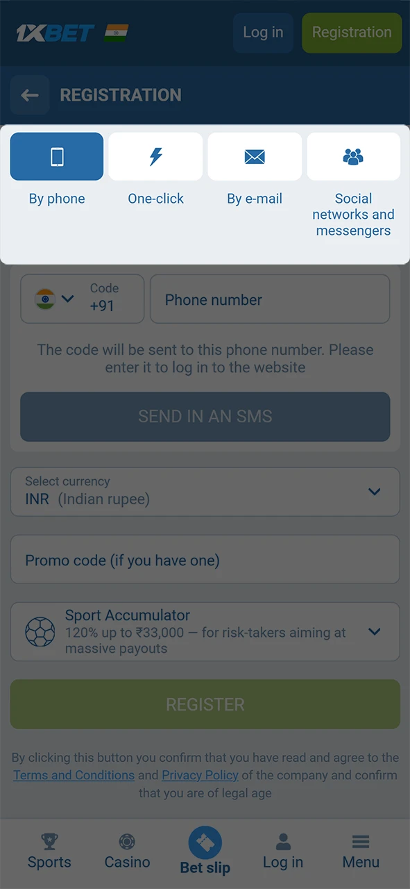 Select your preferred Registration method at 1xBet to create a profile.