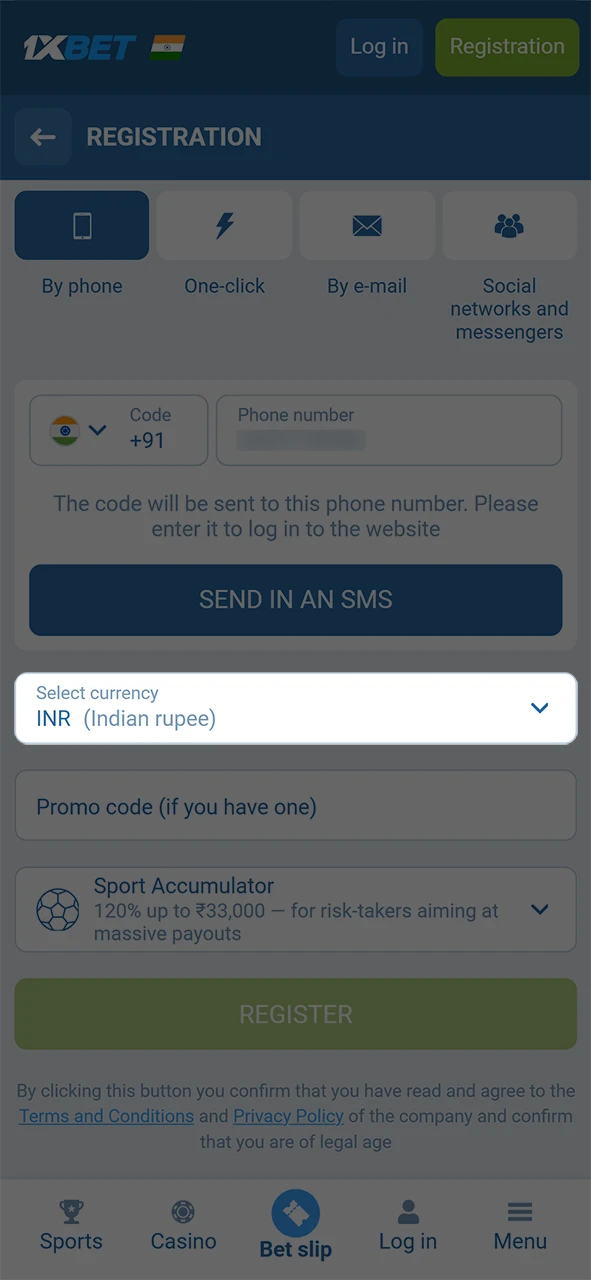 Finalize your 1xBet Registration and select your currency for future play.