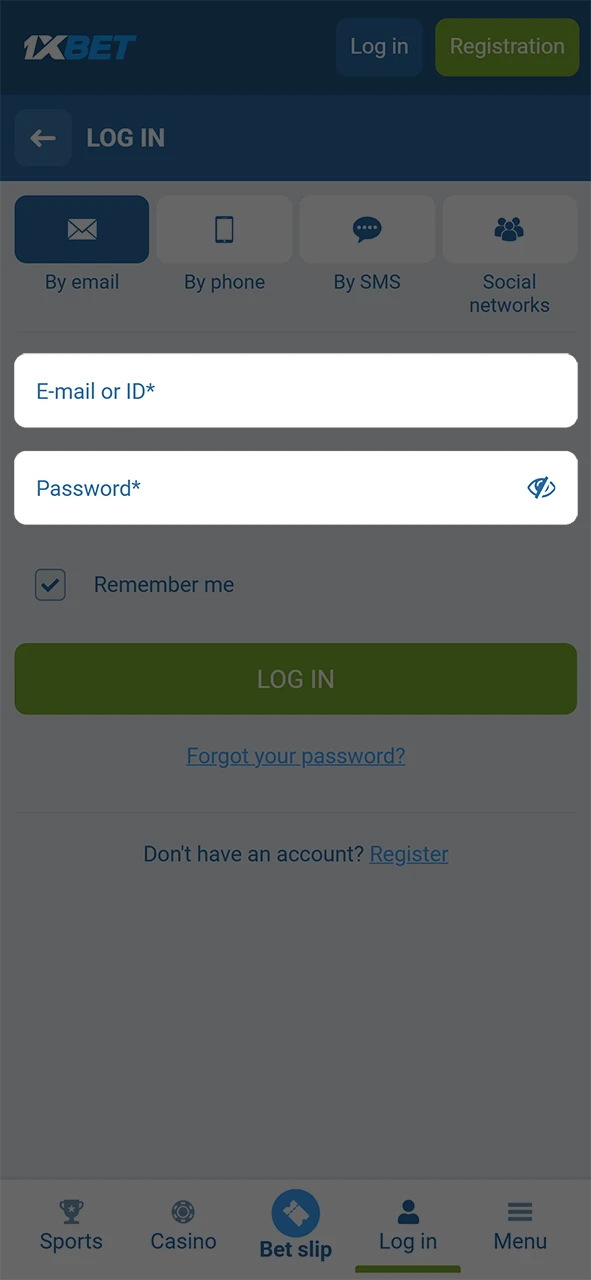 Enter your registered email or ID and password into the 1xBet login form.