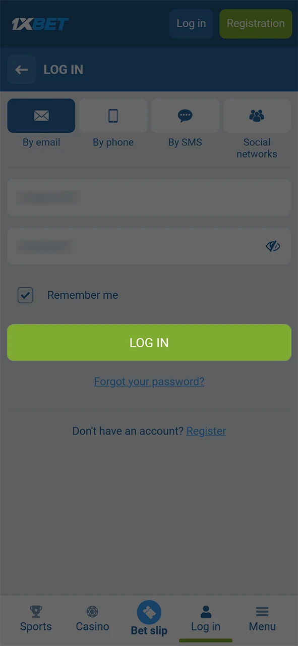 Tap the login button to access your 1xBet account and open the bet slip.