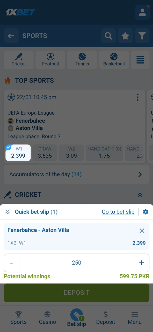 Select the odds to add them to your 1xBet bet slip and specify your wagering amount.