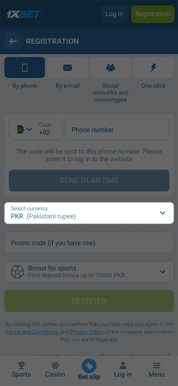 Set PKR currency and enter your personal details for 1xBet registration.
