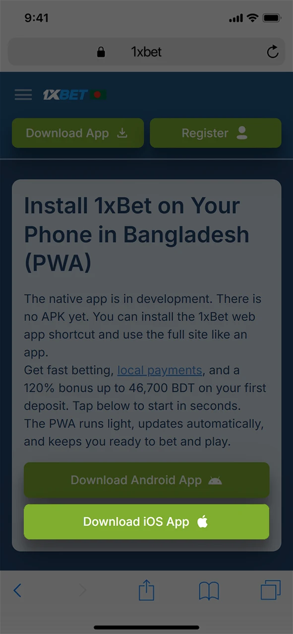 Click the button to initiate the 1xBet iOS PWA setup on your device.