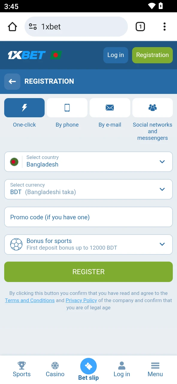 Complete your 1xBet registration to use the mobile PWA features.