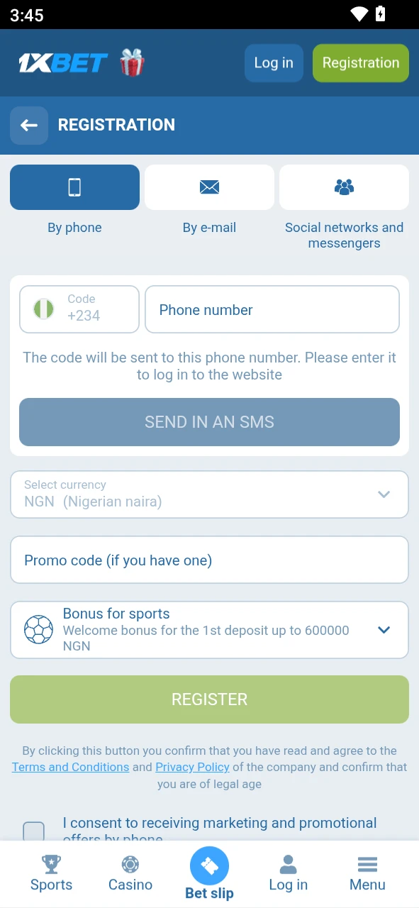 Create a new account through the 1xBet Mobile Android PWA interface.