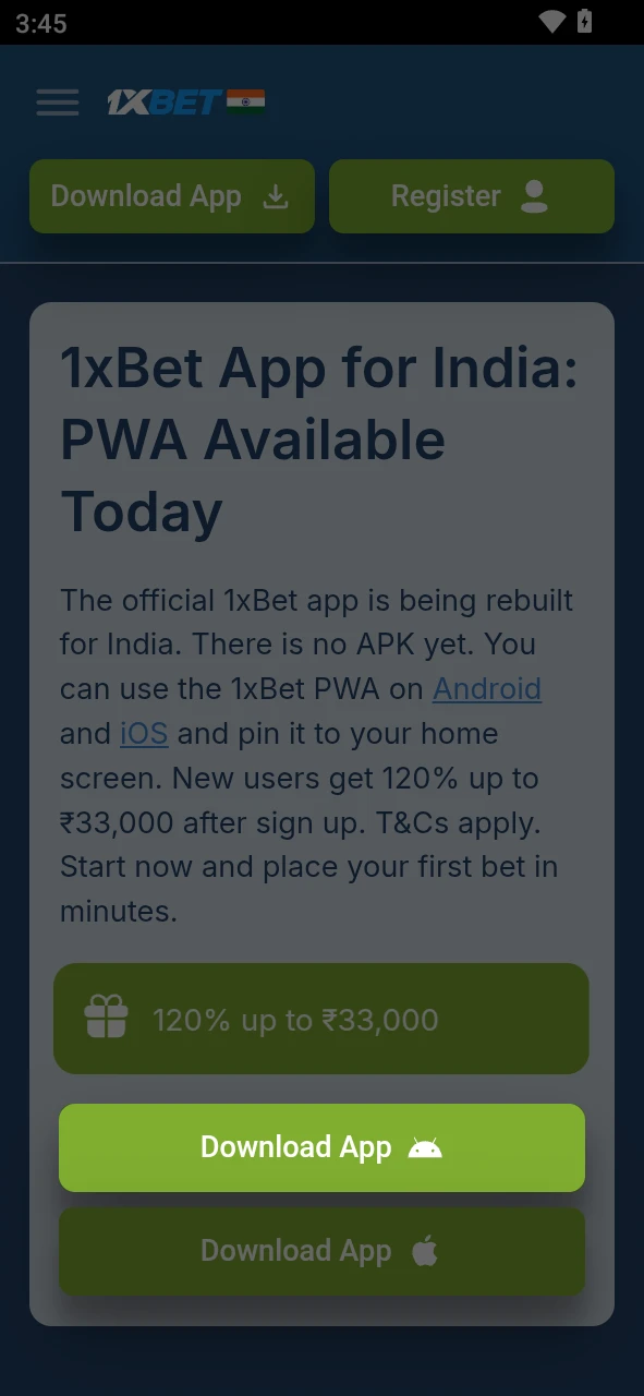 Use the official link to find the Android PWA button and start your 1xBet journey.