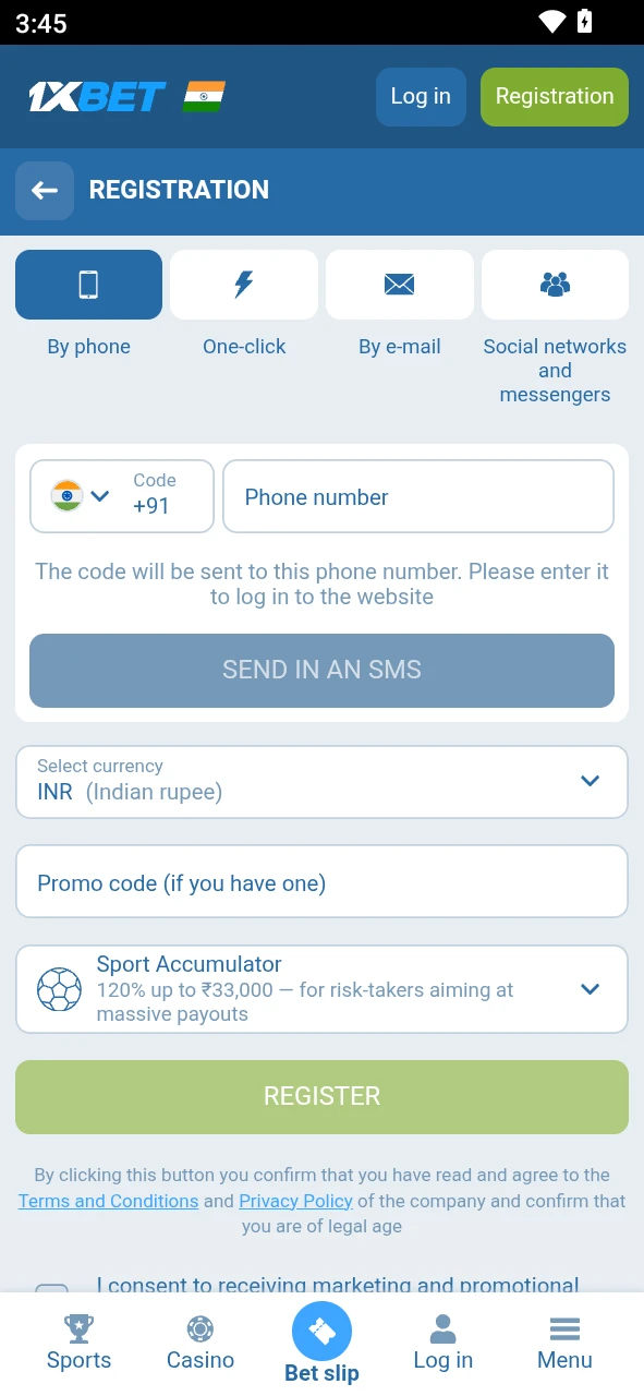 Register an account via the 1xBet mobile PWA for Android users.