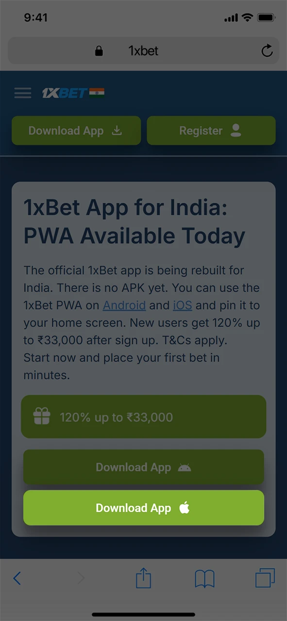 Use the official link to find the iPhone PWA button and start your 1xBet journey.