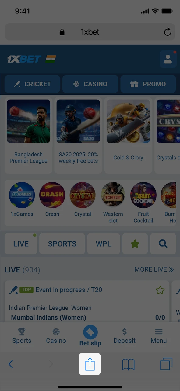 Tap the share button on your iPhone to begin the 1xBet installation.