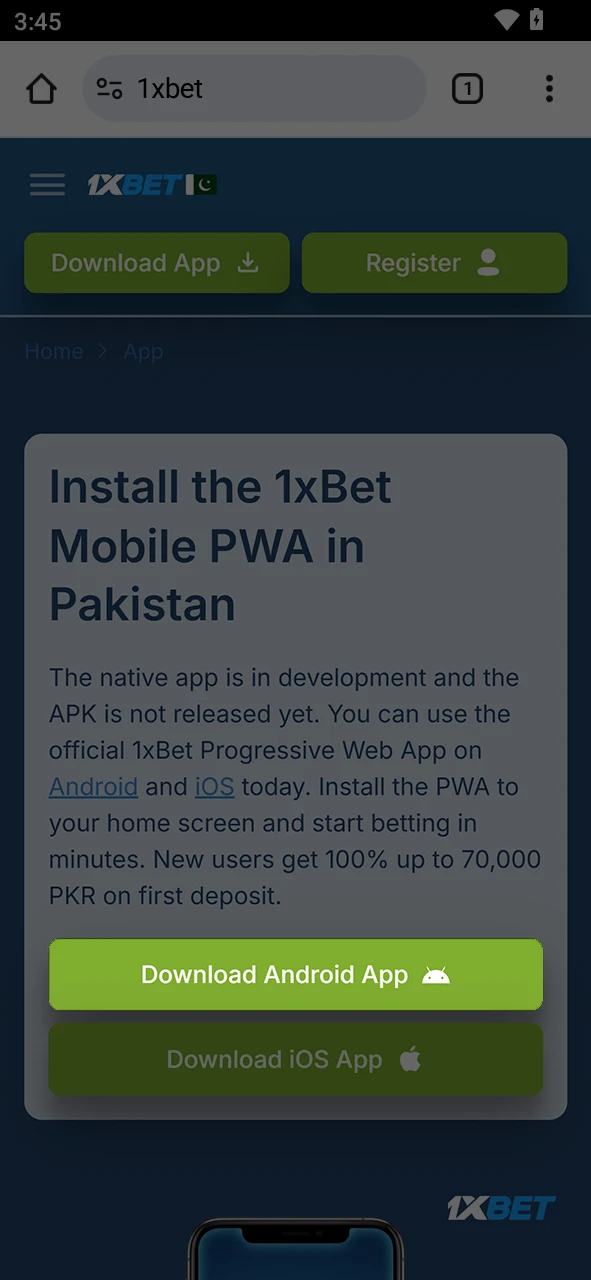 Click the button to initiate the 1xBet Android PWA setup for your mobile device.