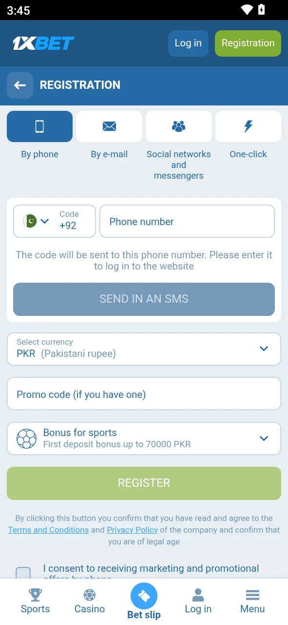 Complete the registration process to create your 1xBet account via the PWA.