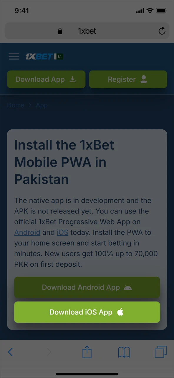 Click the button to start the 1xBet iOS PWA installation on your iPhone or iPad.