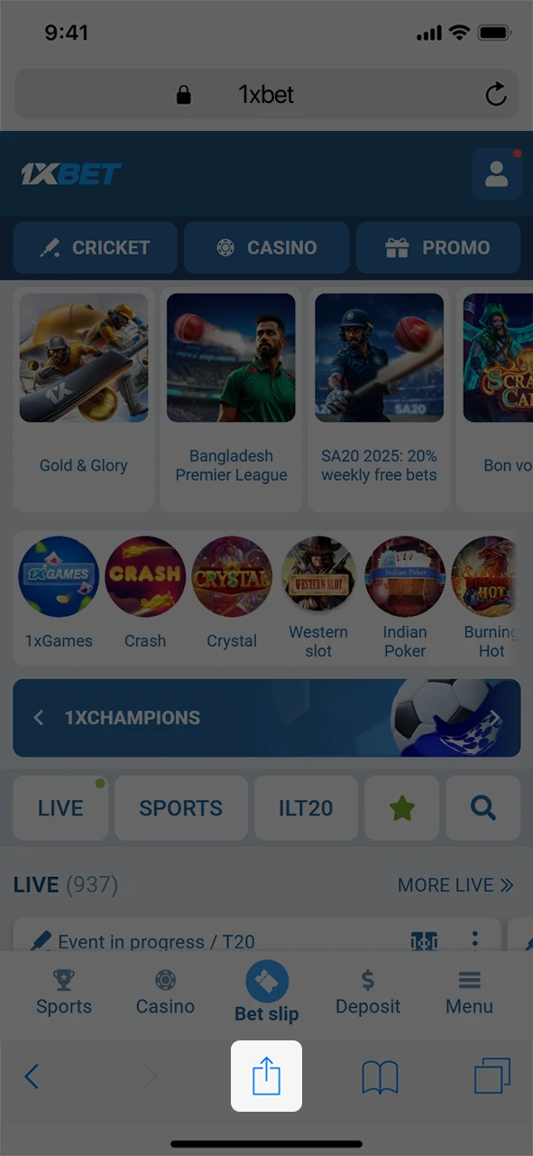 Tap the share button in your Safari browser to manage the 1xBet PWA.
