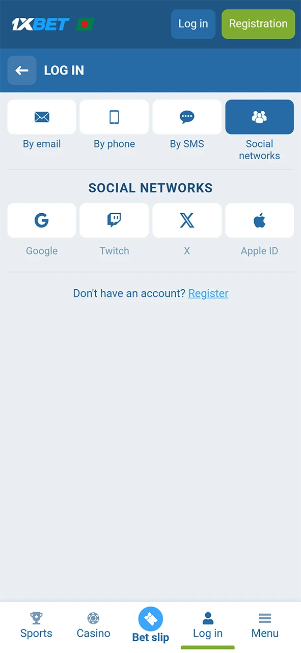 Use social sign in for quick access to 1xBet registration services.